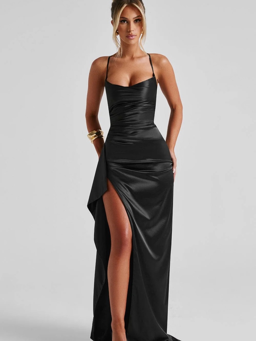 Baby boo Black Satin Evening Gown - Elegant Women's Dress - Picture 7 of 10
